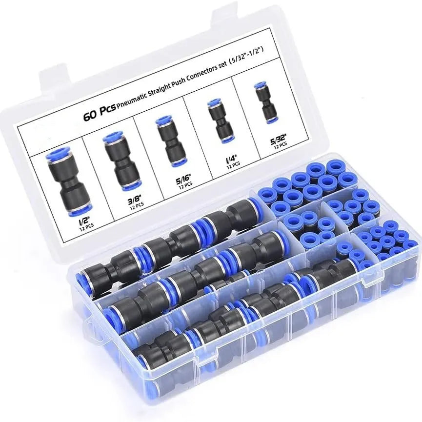60-piece assortment of grey alloy plastic pneumatic push-in connectors with R1/4 and R1/2 sizes