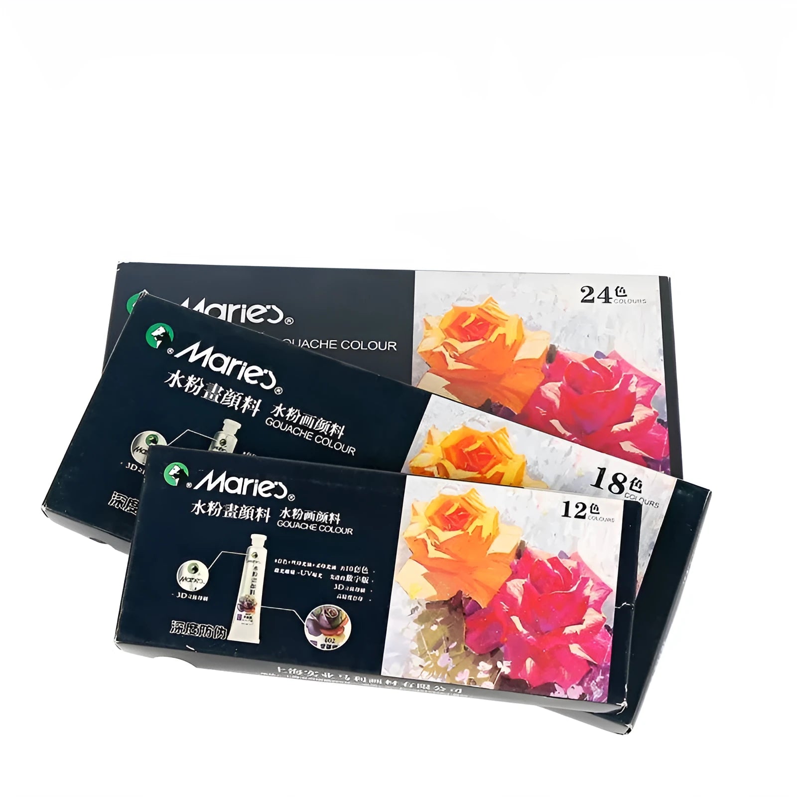 Gouache paint sets showing 12, 18 and 24 colour options with individual paint tubes