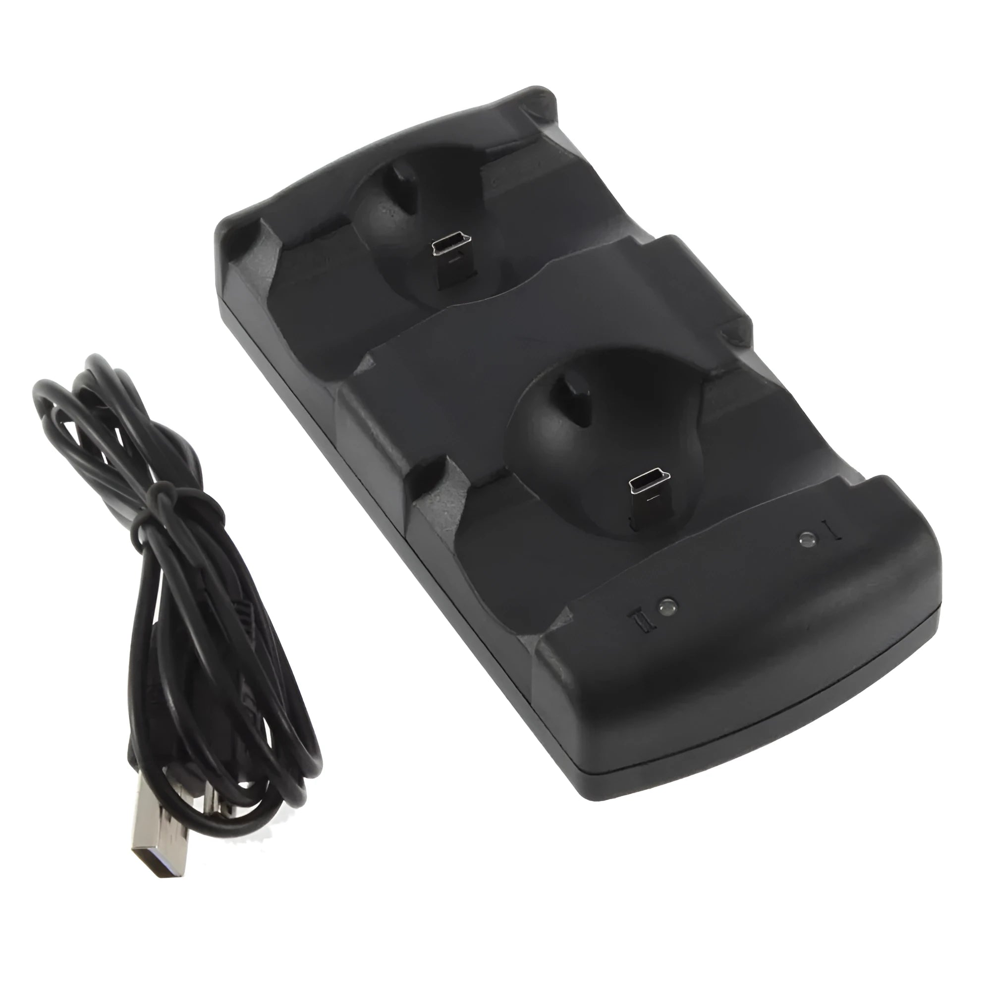 Black PlayStation 3 dual controller charging dock with USB cable