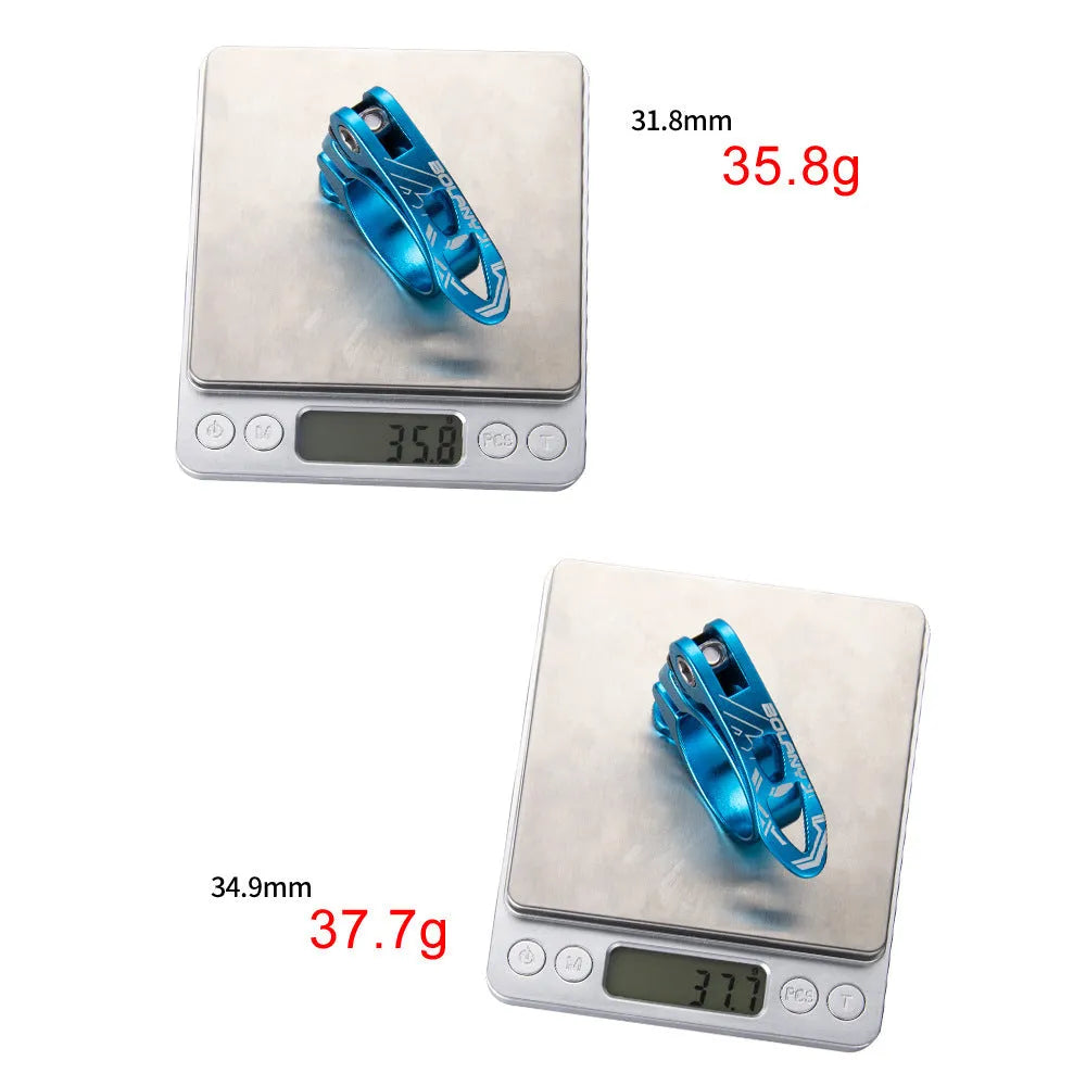 Aluminium mountain bicycle seat post clamp in black, red, gold, or blue colour options.