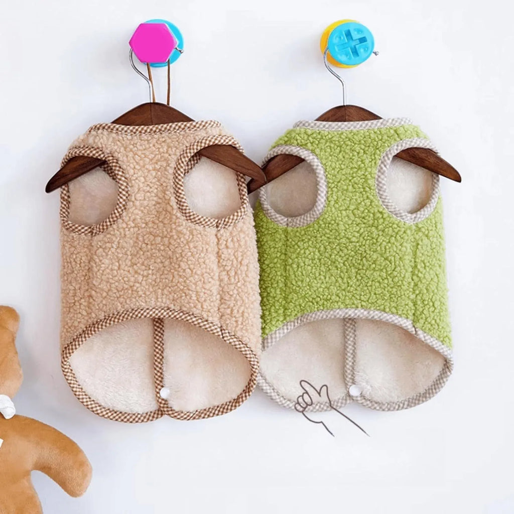 Green coral fleece dog vest with a metal leash ring on the back, sized for a small dog.