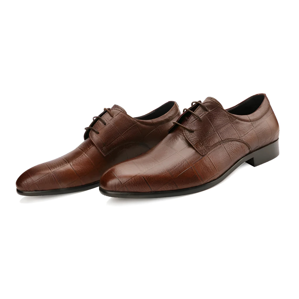 Men's black leather Derby shoes with checkered detailing and pointed toe