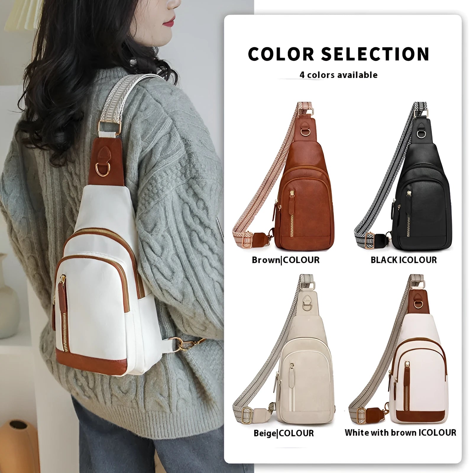 Women's soft PU chest bag in street trend style with zipper pockets and sewing thread details