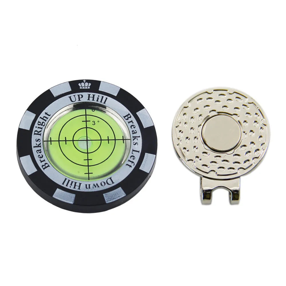 Golf level tool with clip for hat attachment showing position mark indicator