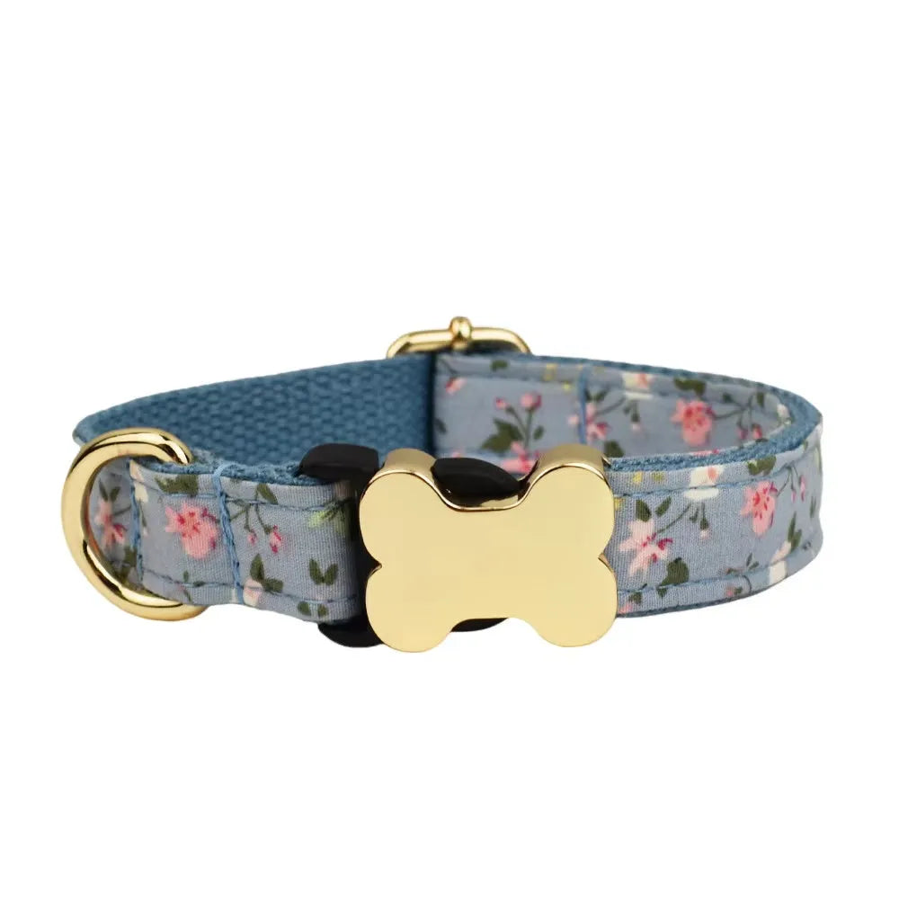 Nylon dog collar with printed grid pattern and bone-shaped buckle in multiple colour options