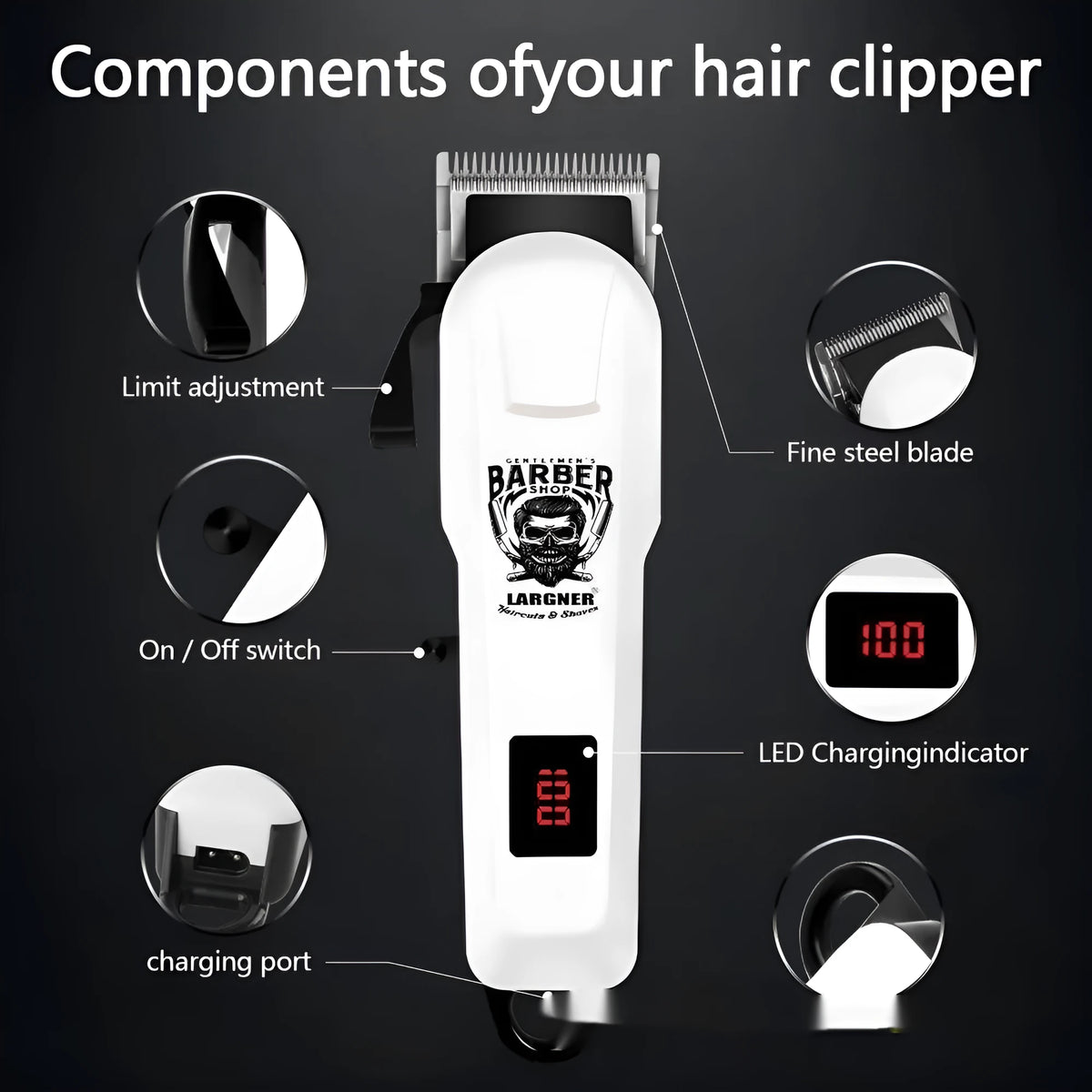 USB rechargeable hair clippers with stainless steel cutter head in a 4 in 1 kit.