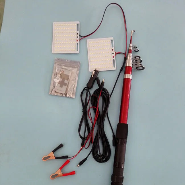 White LED fishing rod light mounted on telescopic pole with remote control for outdoor use