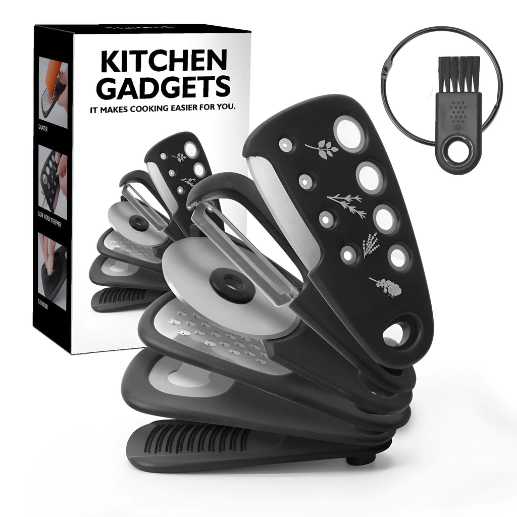 Six stackable kitchen gadgets including peelers, a brush, and tongs in a colour box.