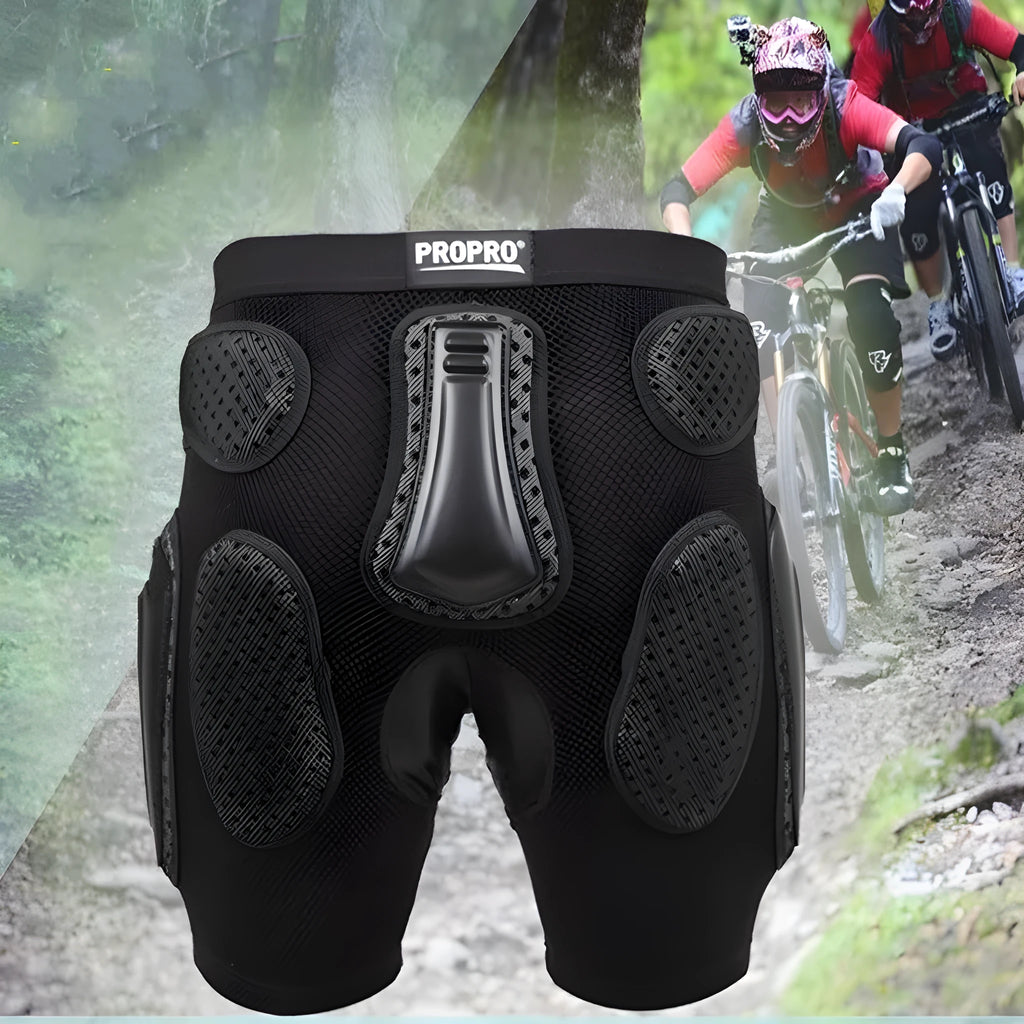 Black cycling hip pad pants showing integrated protective padding for sports safety in S M L XL sizes