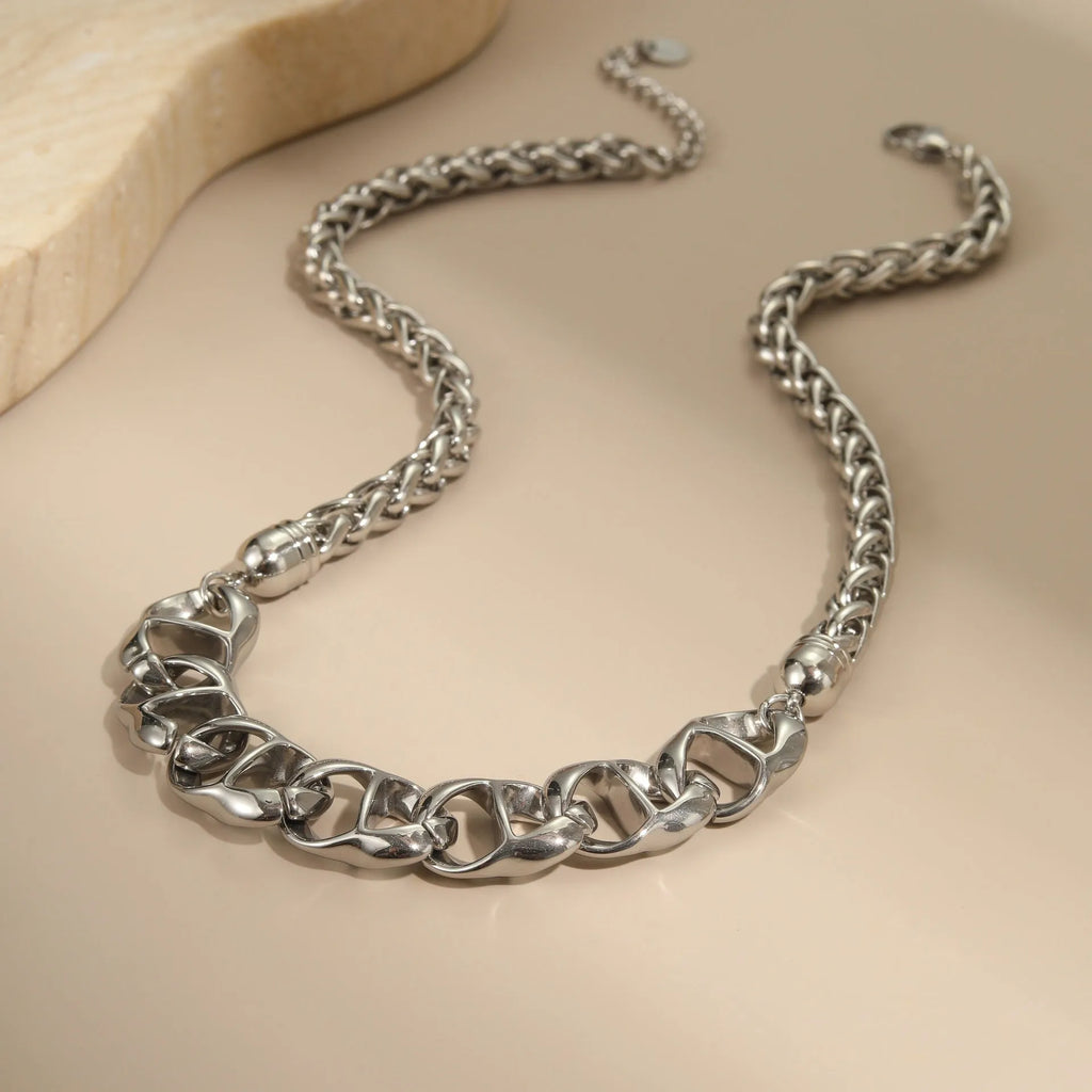 Gold plated stainless steel necklace with geometric pendant and regular chain for women