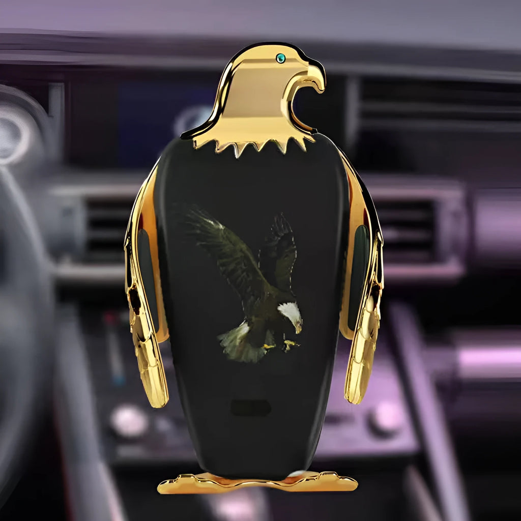 Eagle style car phone holder with wireless charging base and snap-on suction cup mount in black and gold colour.