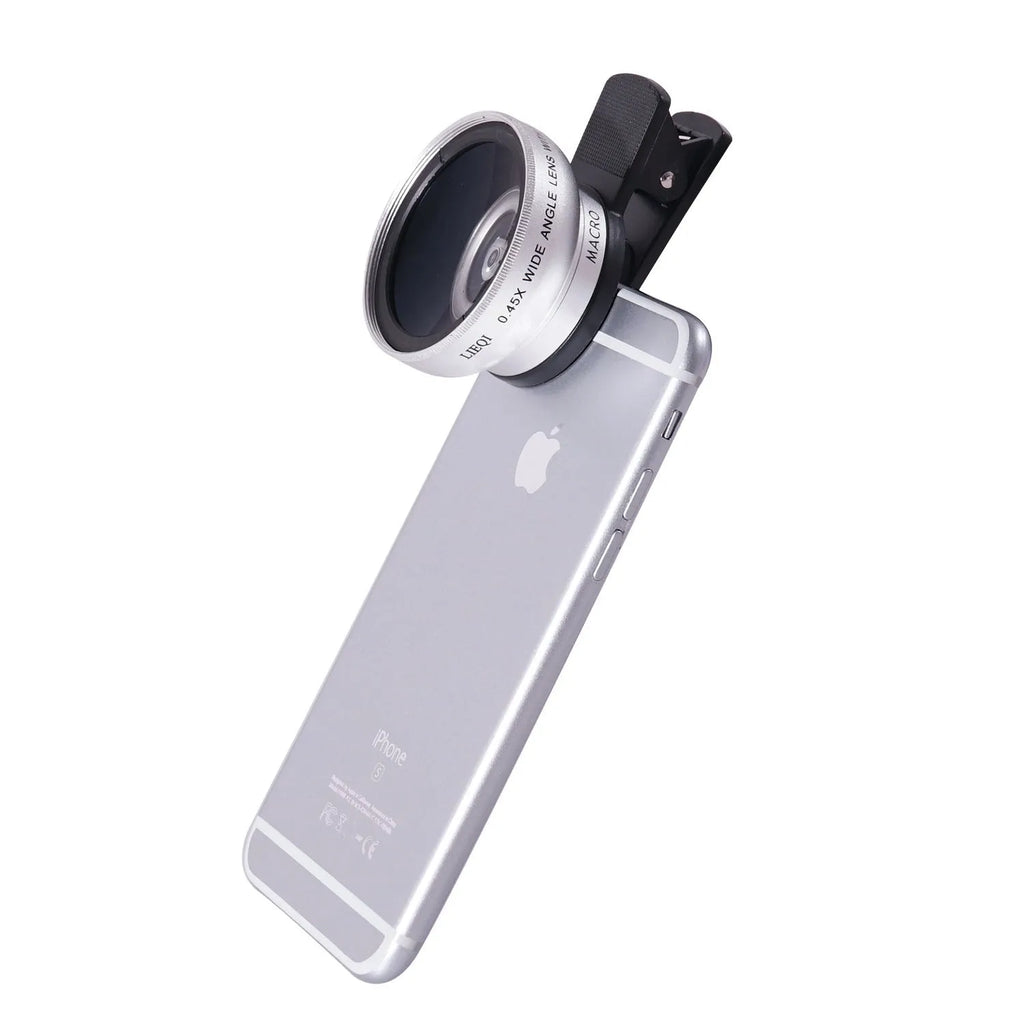 LIEQI black and silver wide-angle and macro external lenses for mobile phone camera attachment.