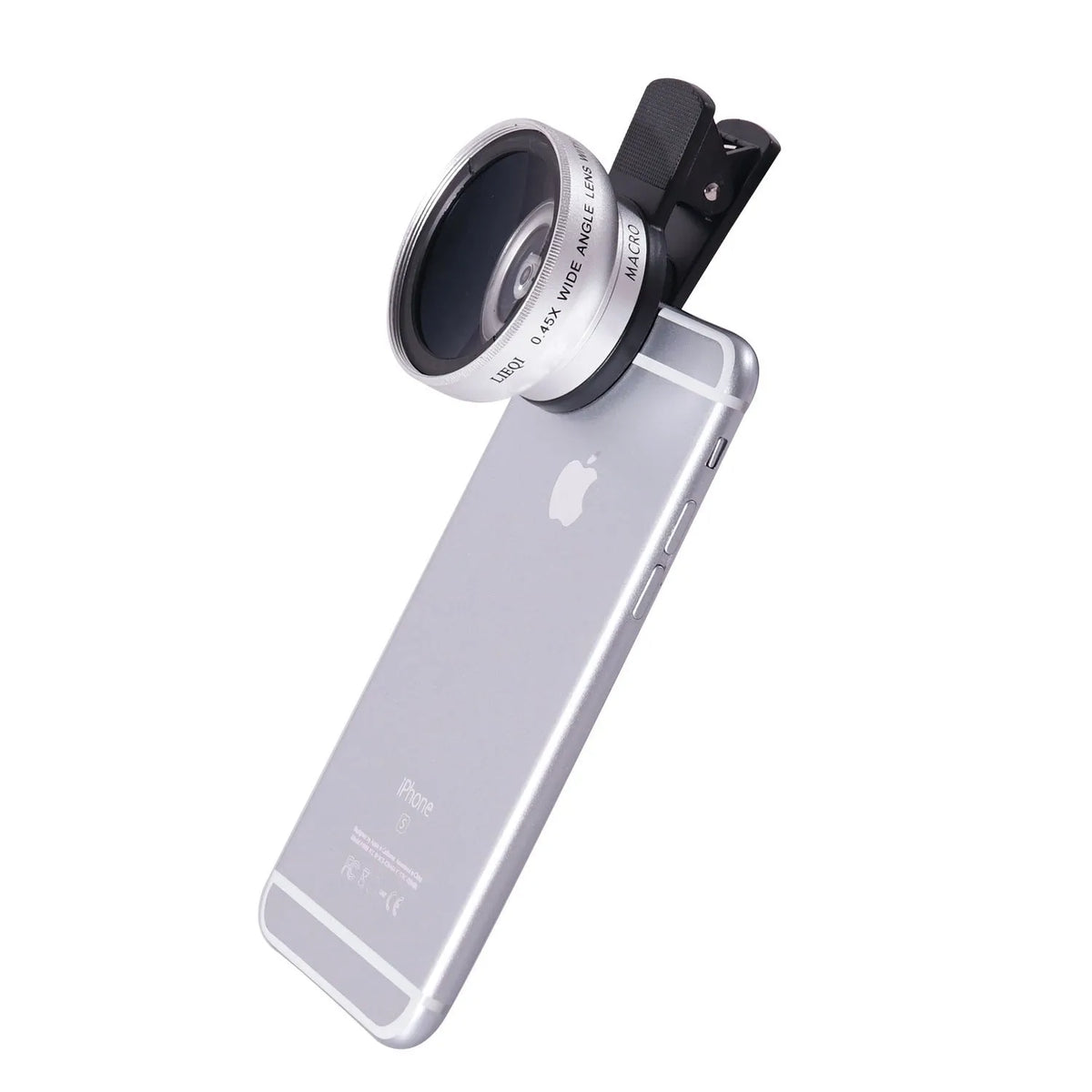 LIEQI black and silver wide-angle and macro external lenses for mobile phone camera attachment.