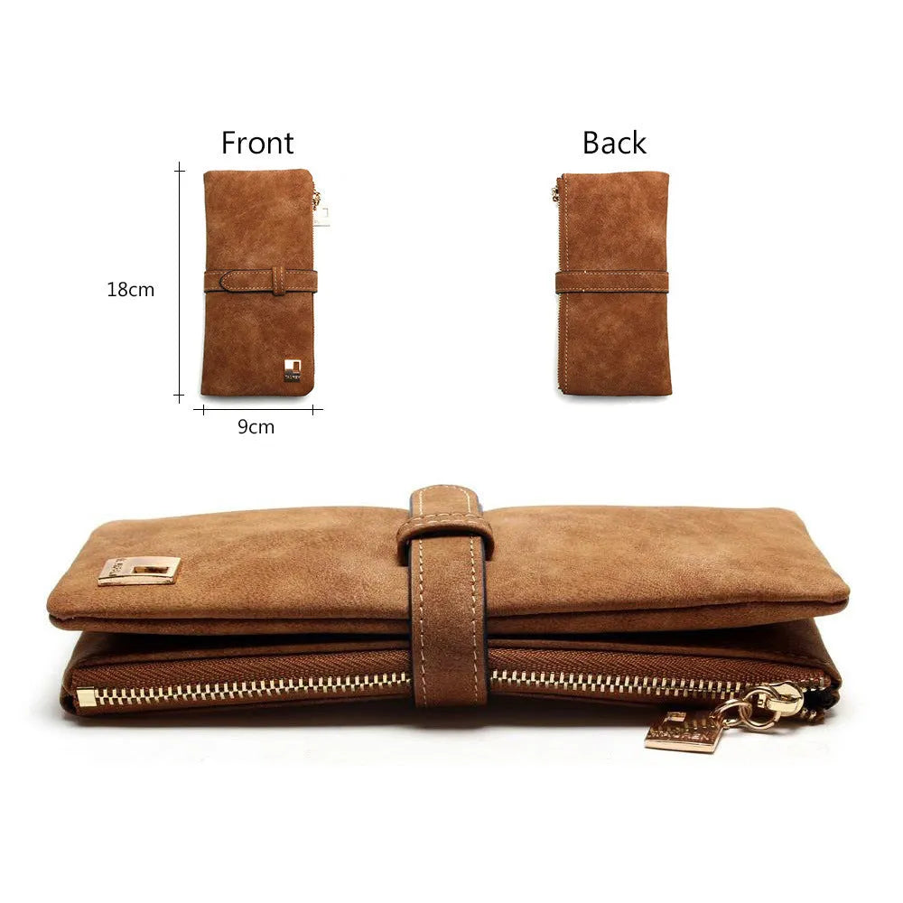 Vertical long Pu leather wallet with zip closure open to show card slots, note compartment, and phone pocket.