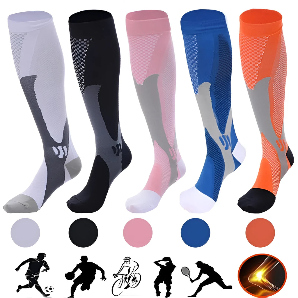 A pair of graduated compression socks for men and women in an athletic style, shown in a colour option like black or blue.