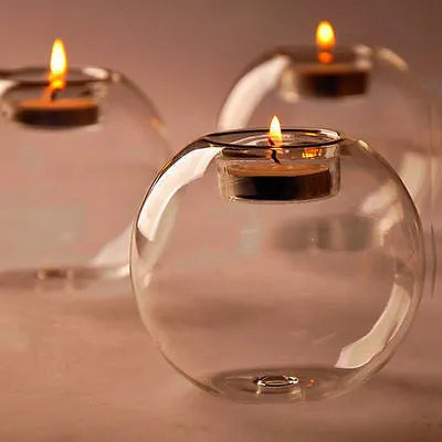 Handmade hot glass round hollow candle holder table in transparent glass with 8cm, 10cm, and 12cm diameter options