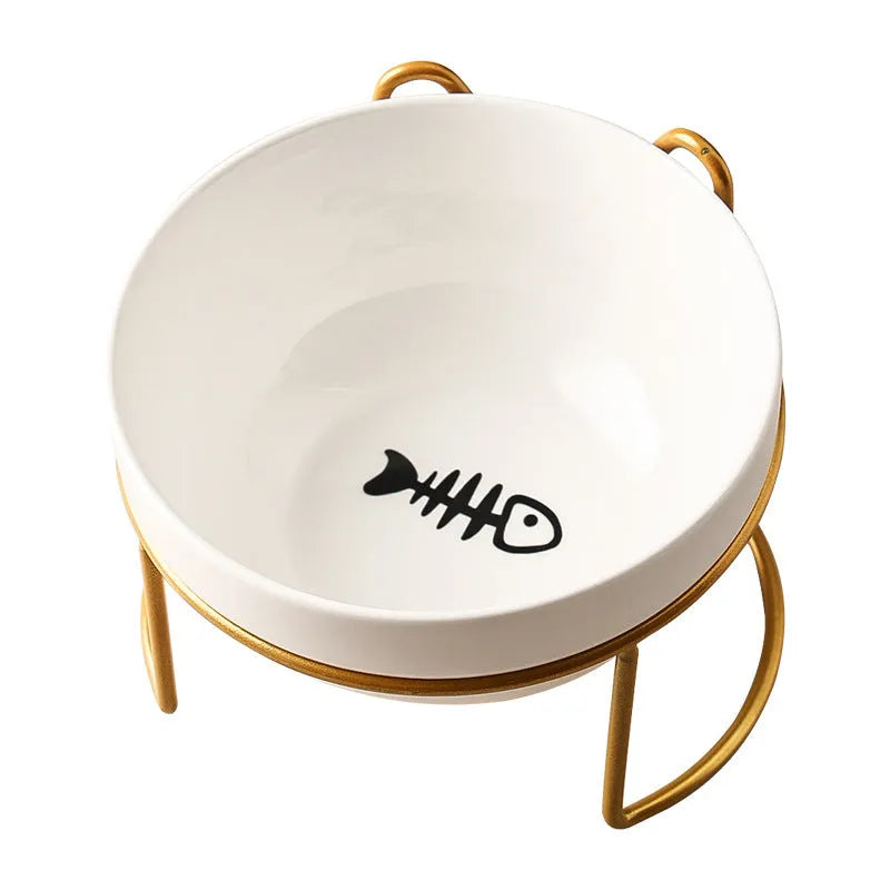 White ceramic pet bowl with cat footprints pattern in black iron cat ear frame