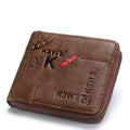 Men's coffee coloured genuine leather wallet with vintage locomotives pattern and multiple compartments