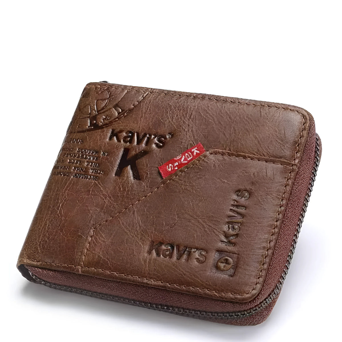 Men's coffee coloured genuine leather wallet with vintage locomotives pattern and multiple compartments