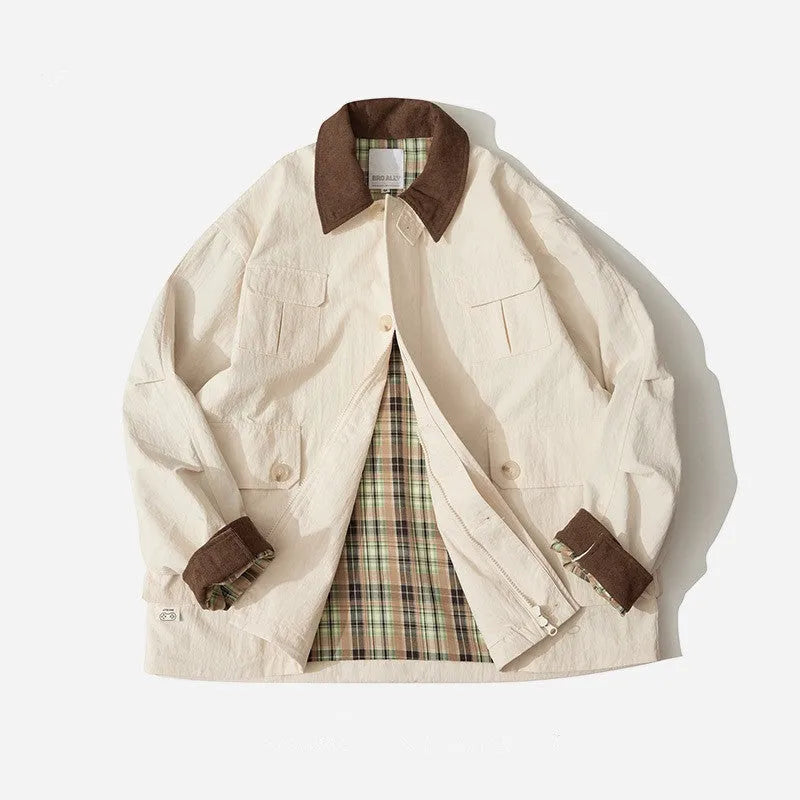Green and apricot polyester casual jacket with side pockets and long sleeves