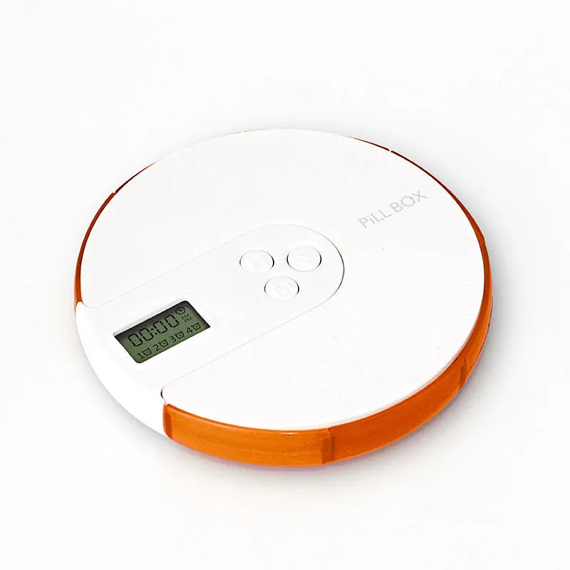 Blue 7-compartment alarm clock pill dispenser showing timer display and weekly medicine slots