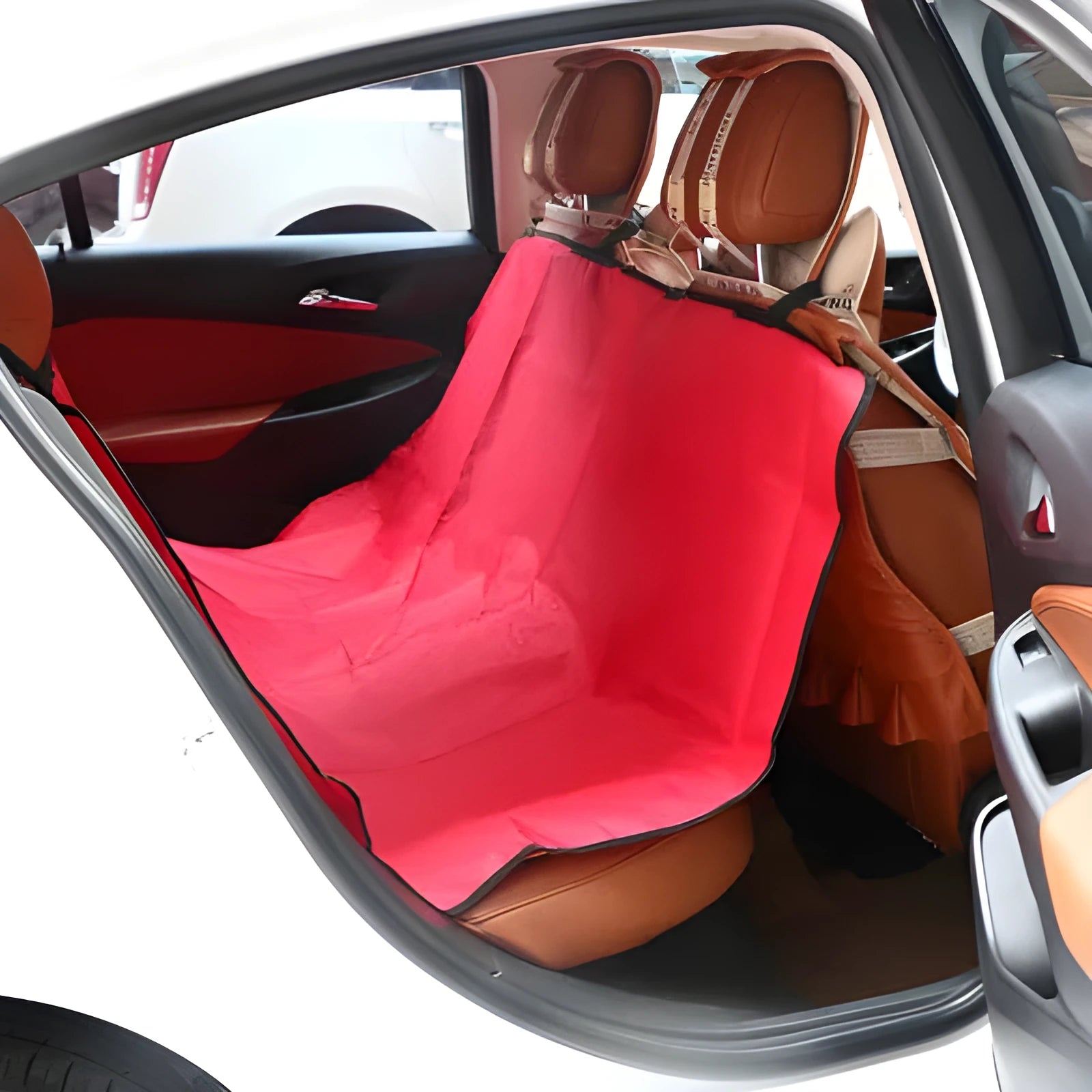 Square red car pet pad for dogs and cats on a car seat, showing its 135x135cm size.