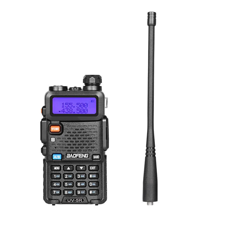 Black handheld VHF UHF walkie talkie with antenna, showing compact 110x58x32mm dimensions.