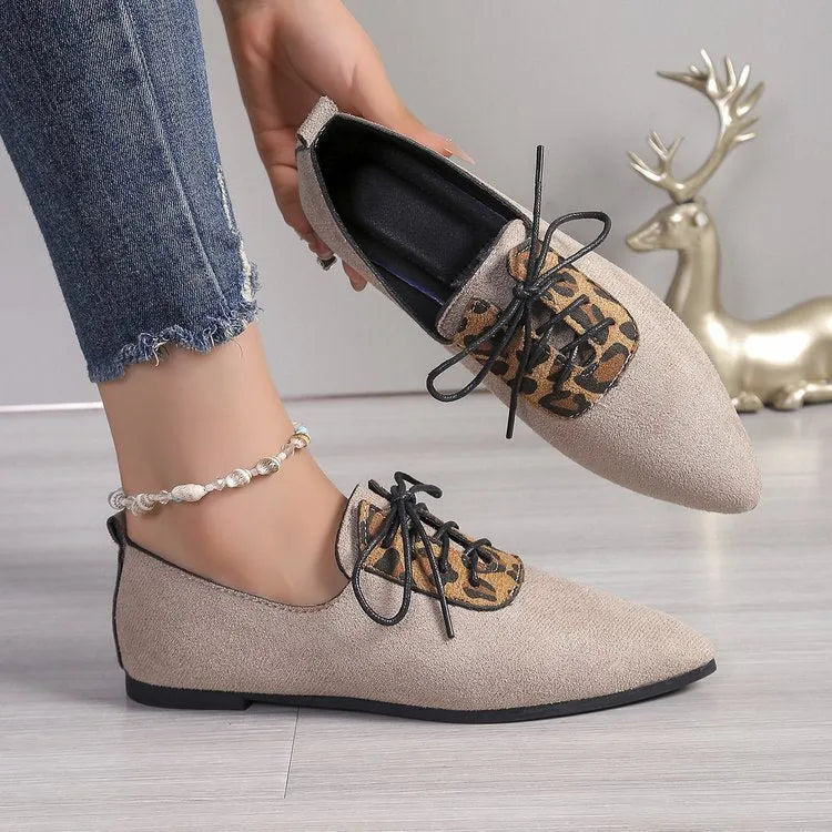 Beige leopard print pointed toe pumps for women in plus sizes.