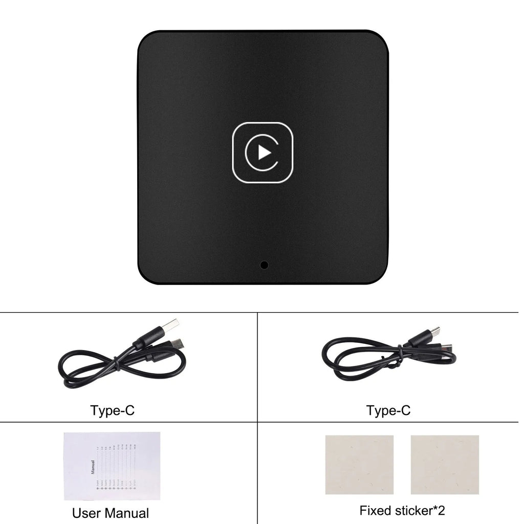 Black wireless CarPlay adapter module and silver Android Auto adapter with USB-C cables on a grey background.