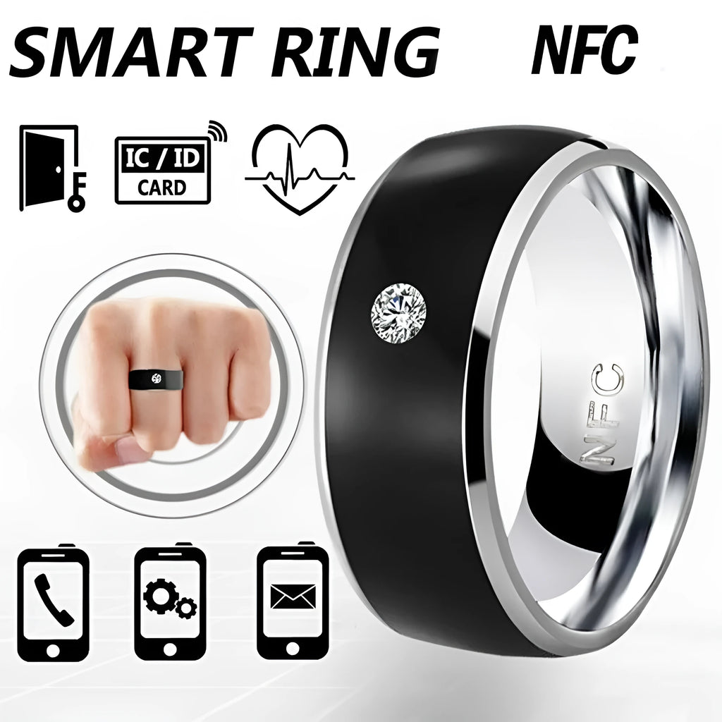 Black NFC multifunctional smart ring, waterproof, no power supply, sizes 6-13 for NFC-enabled smartphones