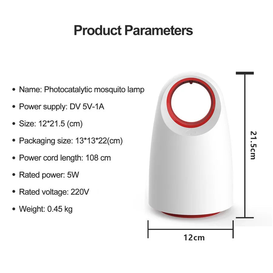 Black or white ABS mosquito killer device with UV light and knitted trap box measuring 12x12x21.5cm