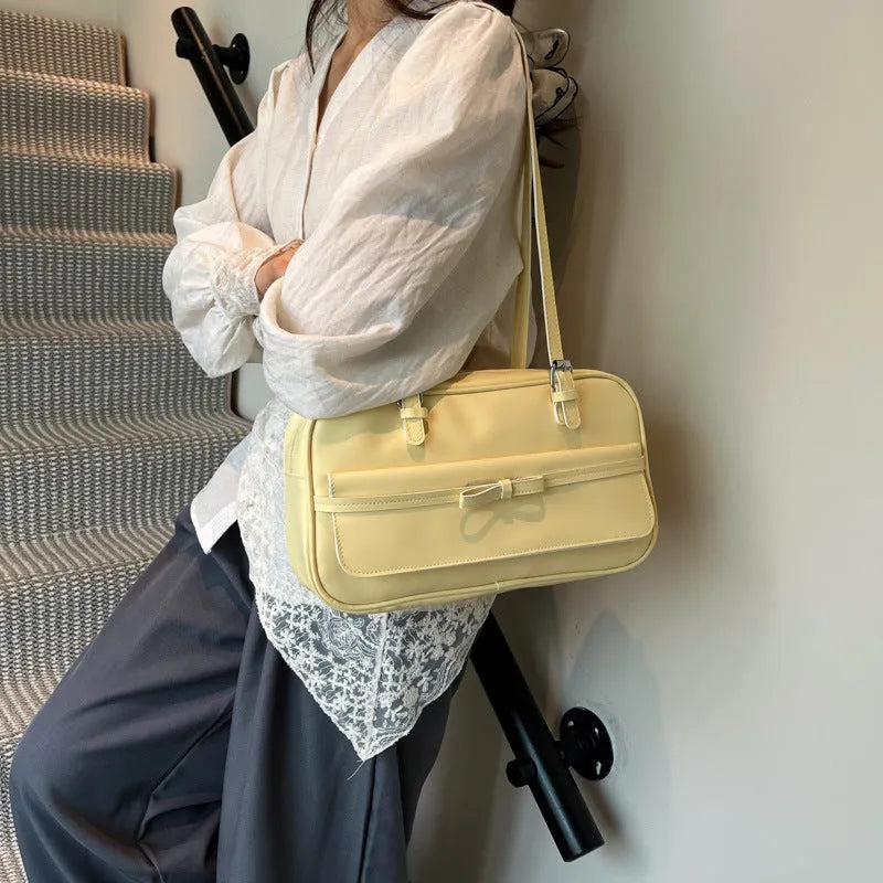 Women's horizontal square PU leather single-shoulder flap bag in a choice of colours with an optional silk scarf ornament.