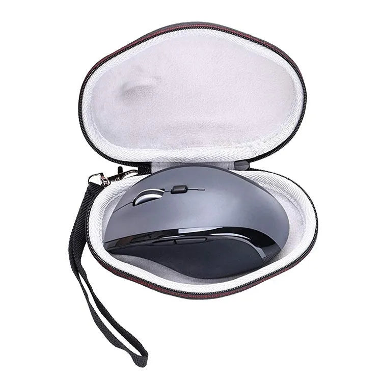 Black M720 mouse protective case with grey interior showing dimensions 14x9.8x5.5cm