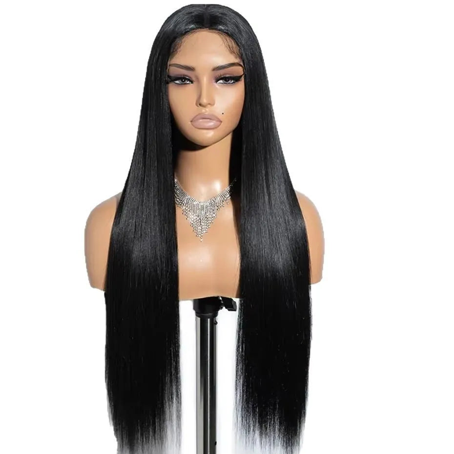 A long, straight human hair wig with side bangs, displayed on a mannequin head.