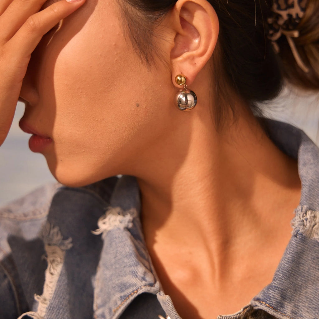 Stainless steel geometric ear studs with colour-block round sphere beads, 18K purity