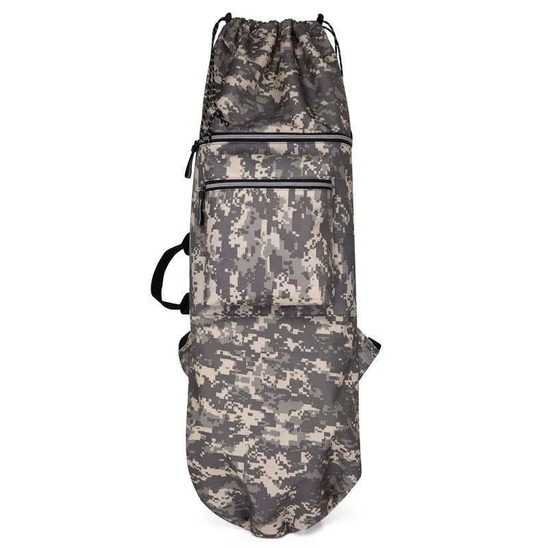 Lightweight nylon skateboard bag with 20-35L capacity for skateboards and fishing rods in camouflage colours