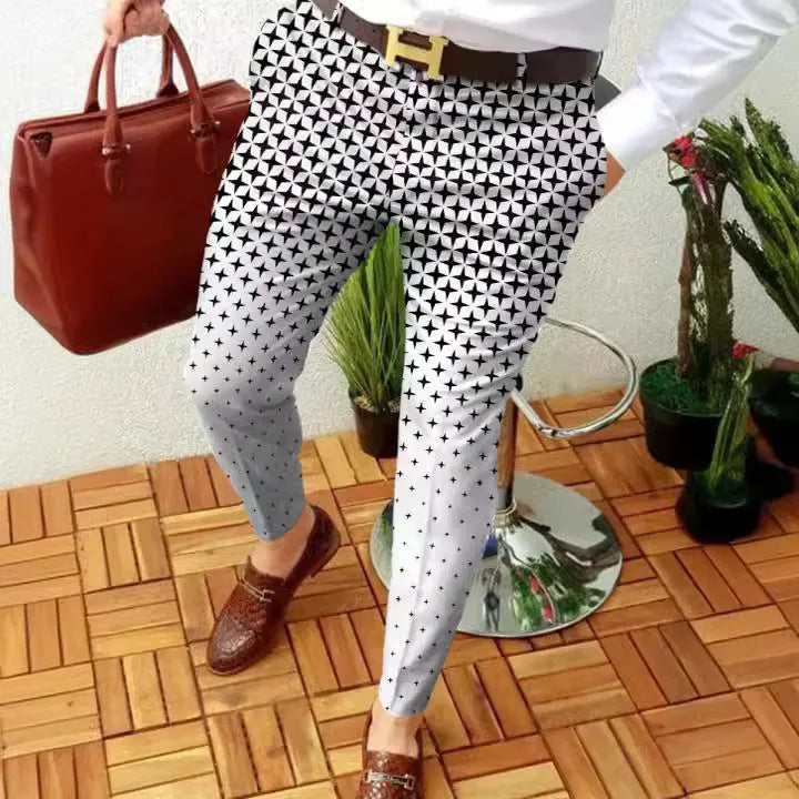 Men's 3D printed plaid casual trousers in straight-leg slim-fit style with micro-elastic fabric