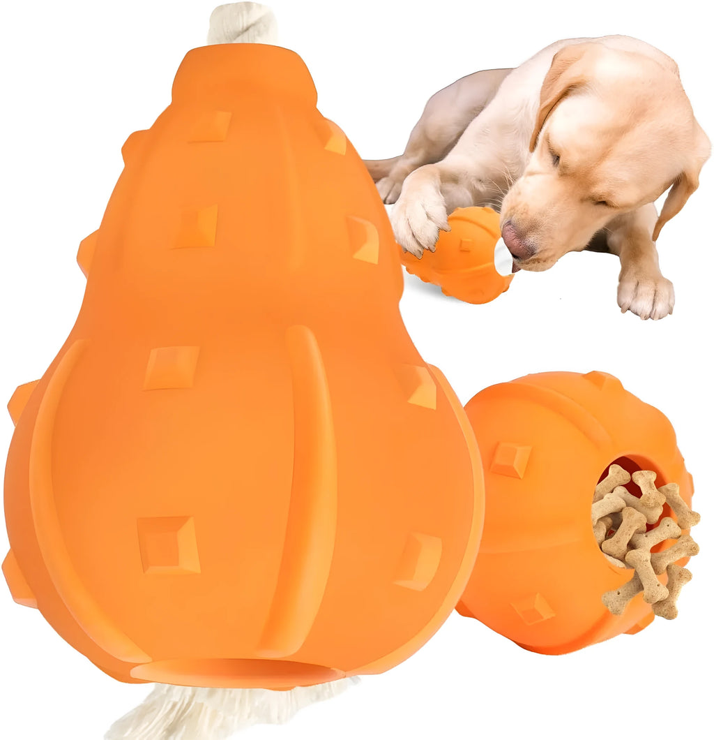 Natural rubber stuffable dog toy with a long strap for fetch, shown with treats inside the hollow centre.