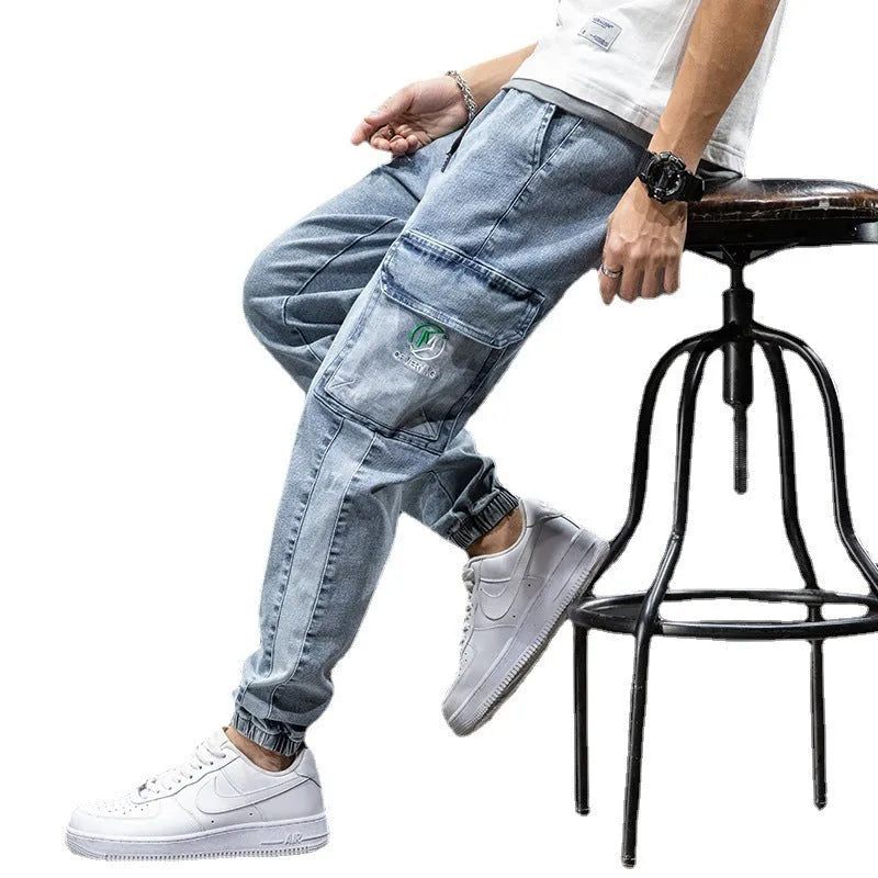 Men's loose cargo casual jeans with straight leg design and micro-elastic cotton fabric