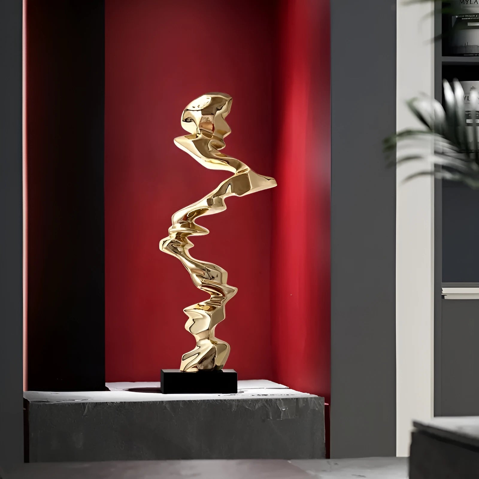 Abstract still life decorative sculpture in natural resin with metallic finish