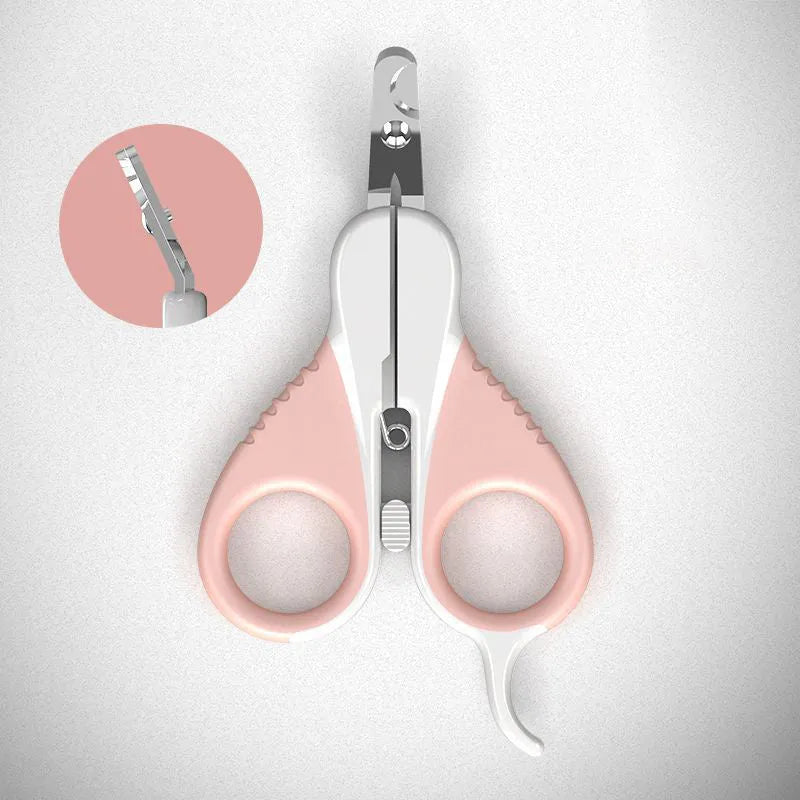 Grey and pink cat nail clippers with a safety lock and angled stainless steel blade on a non-slip rubber handle.