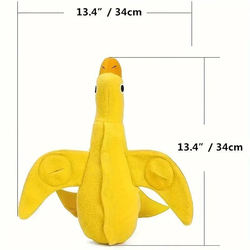 Yellow plush teddy dog toy with attached duck doll and food leak compartments for pet training