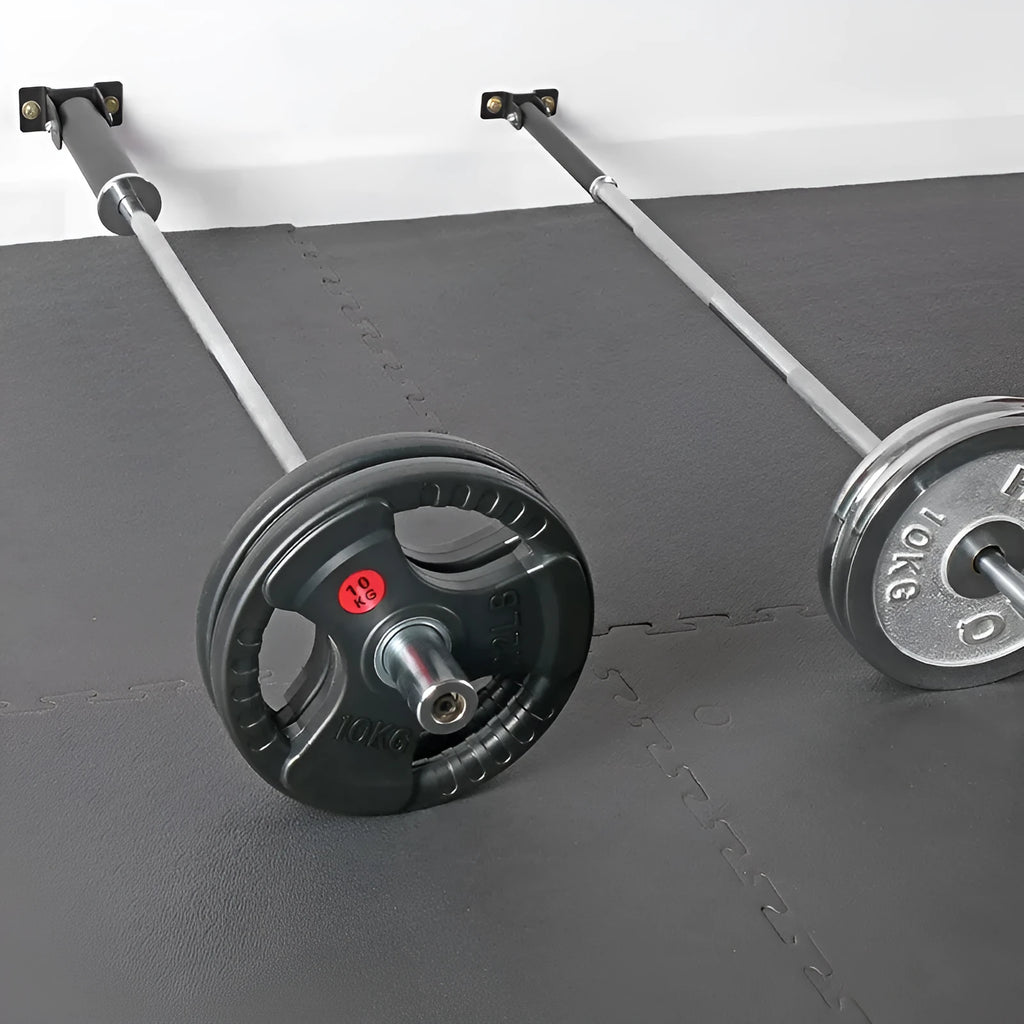 Steel wall-mounted barbell rack holding multiple bars, showing 25-tube capacity