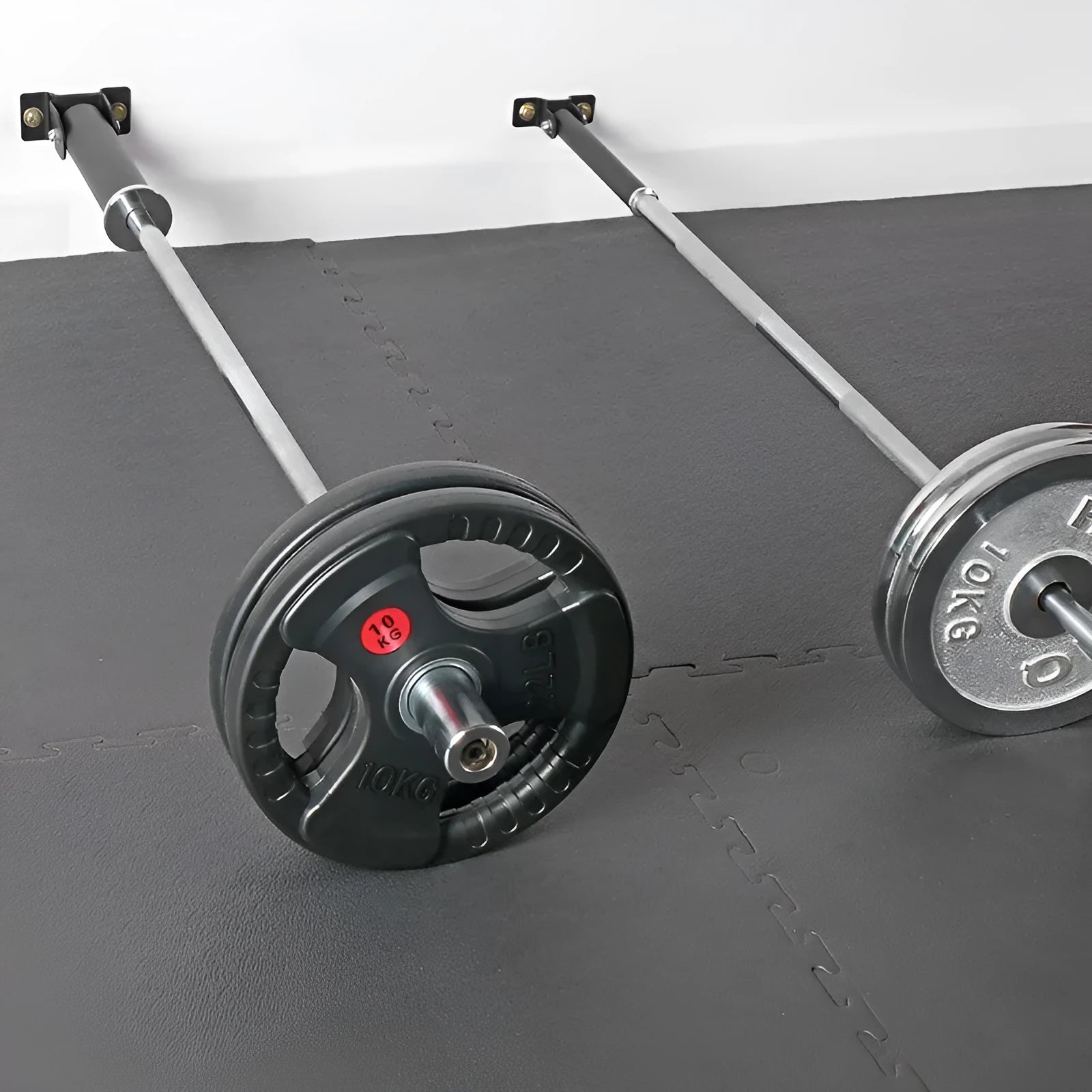 Steel wall-mounted barbell rack holding multiple bars, showing 25-tube capacity