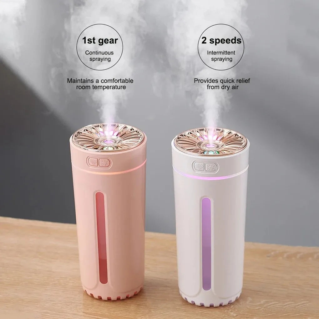 Black wireless air humidifier with colourful LED lights on a car cup holder