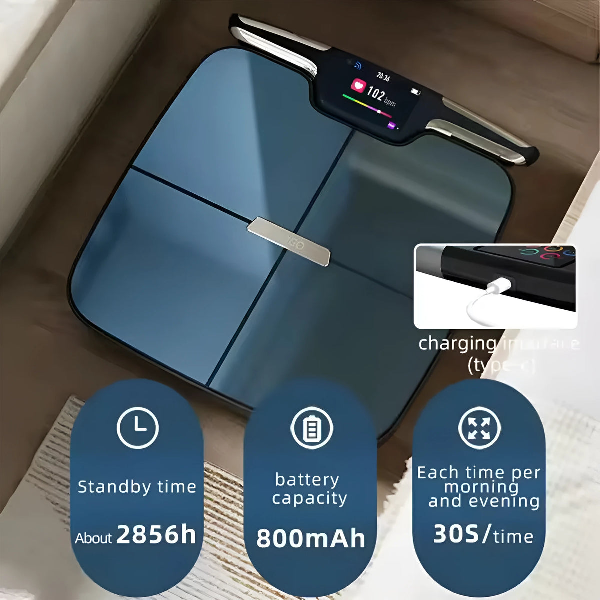 Black eight-electrode smart body composition scale on a floor