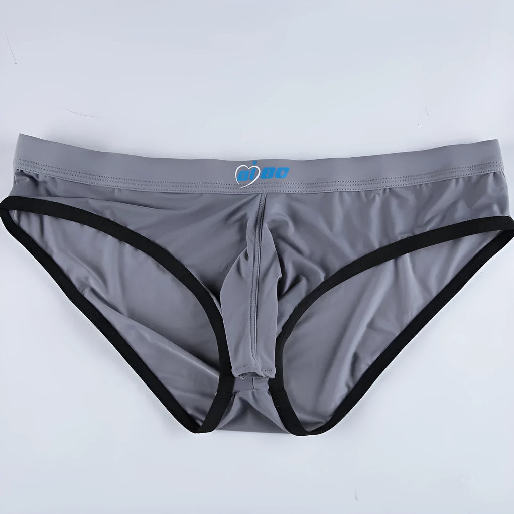 Men's Army Green Ice Silk bazooka briefs with mid waist and bullet separation design on a white background.