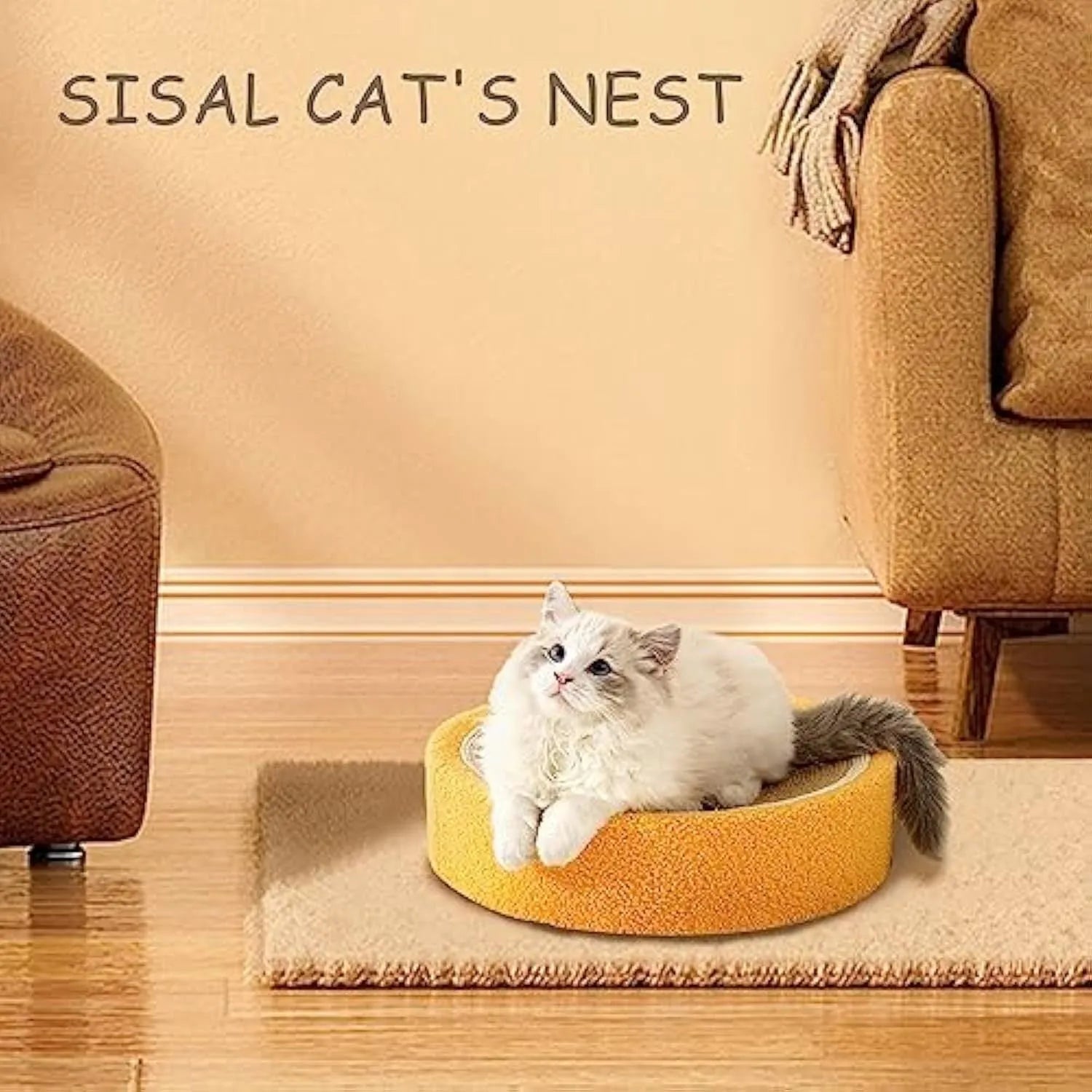 Yellow fruit-shaped sisal cat scratching board and bed with concave centre for small breeds