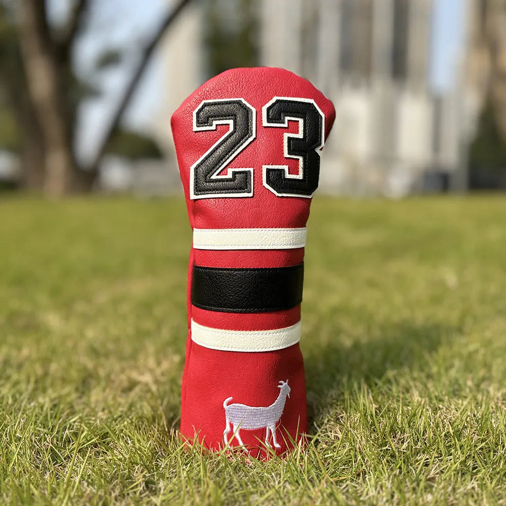 Set of four PU golf club headcovers for driver, fairway woods, hybrid, and putter in assorted colours.