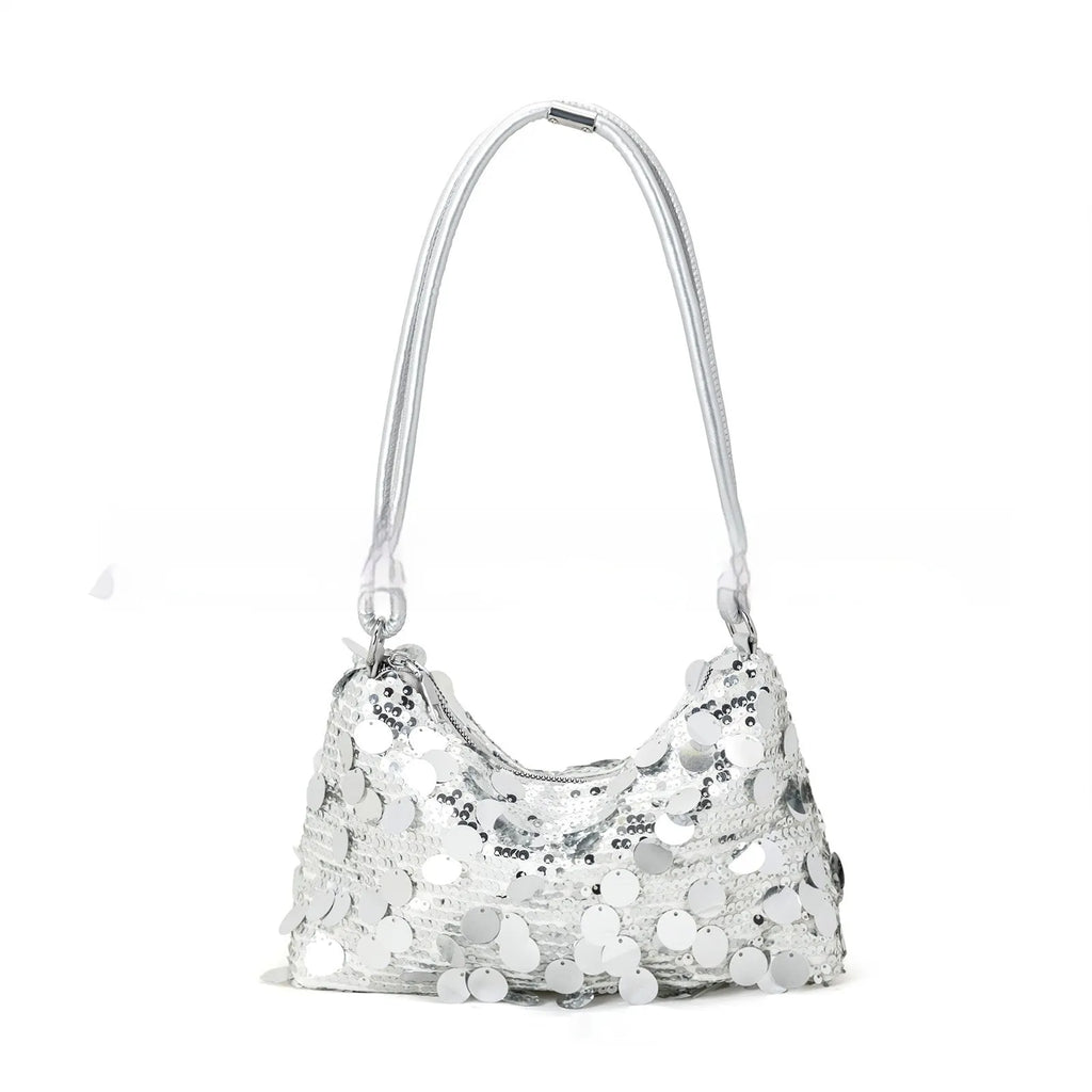 Women's soft polyester underarm crossbody bag in black, gold, or silver colour measuring 25x11x15cm